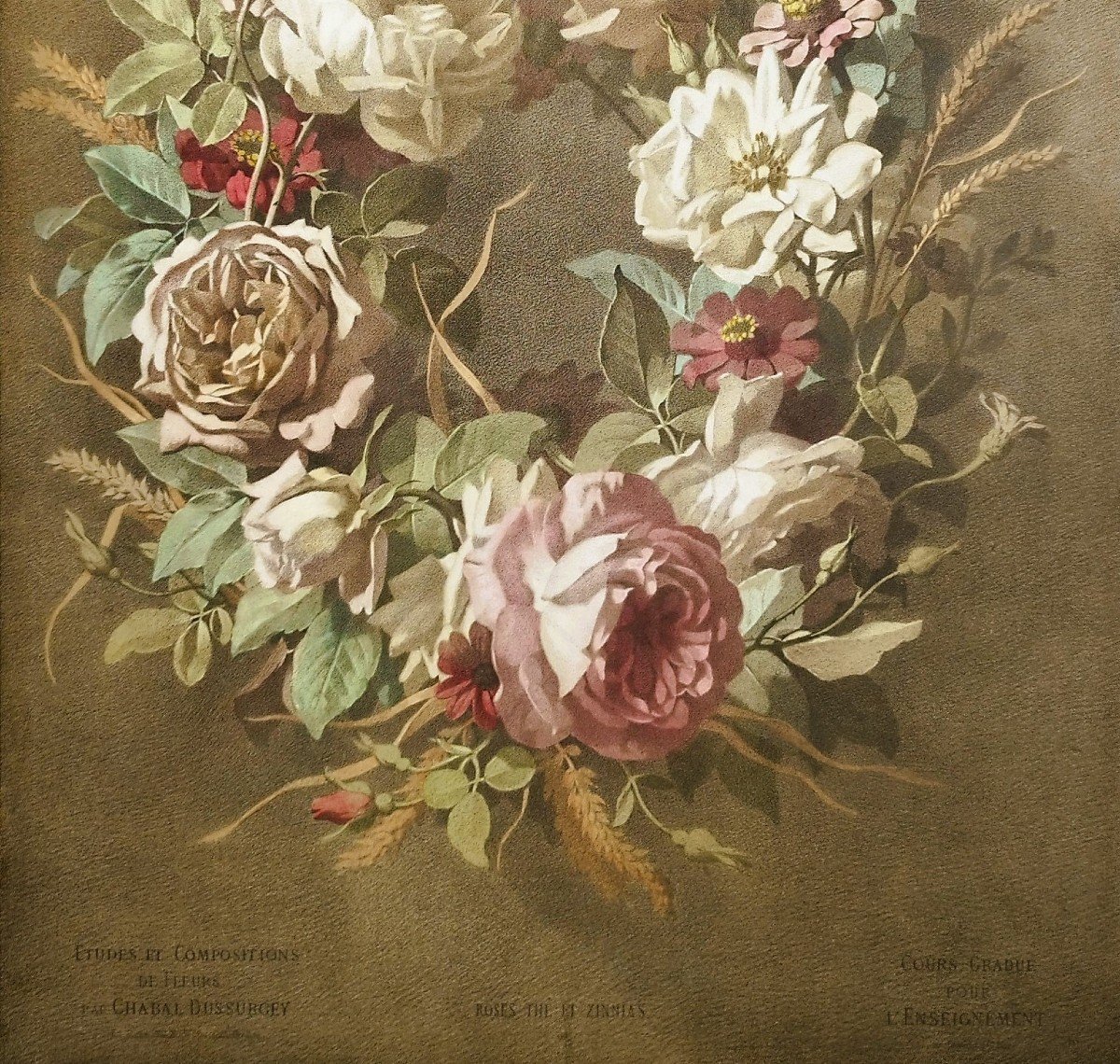 Couronne Fleur Roses Thé Et Zinnias Lithographie Aquarellée 19ème-photo-4