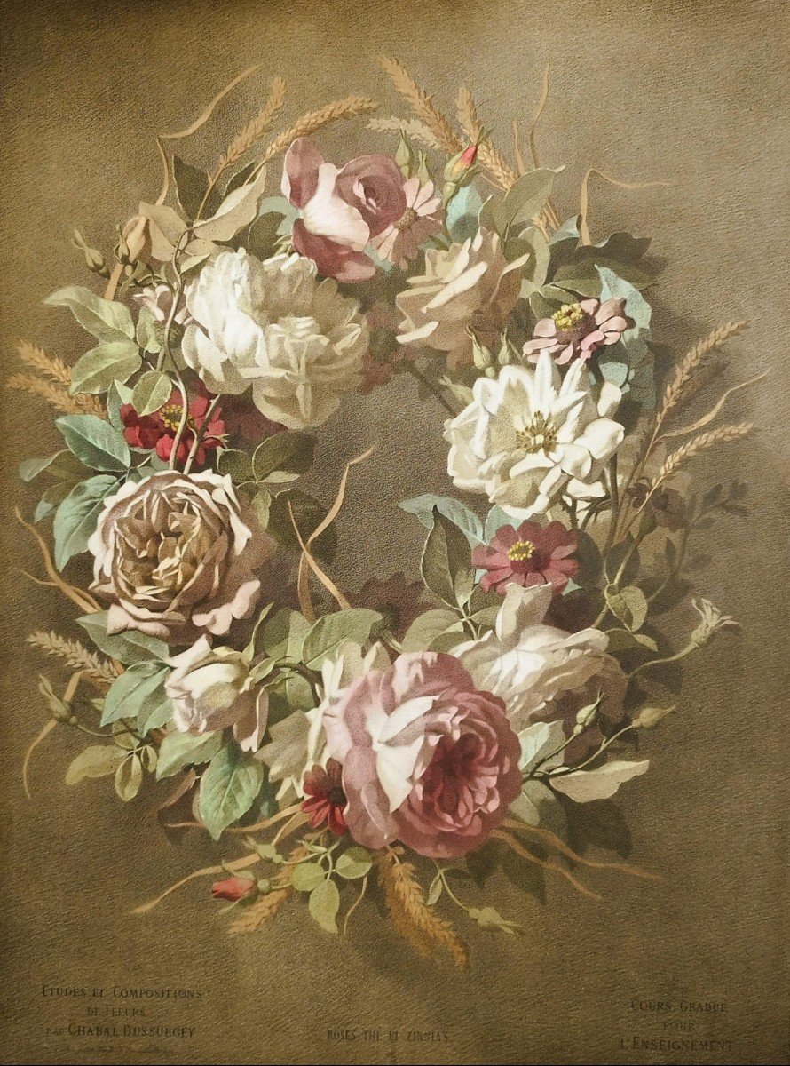 Couronne Fleurs Roses Thé Et Zinnias Lithographie Aquarellée d'après Chabal Dussurgey 19ème