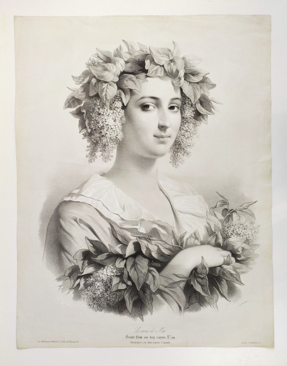 Large Lithograph 19th C Portrait Of A Lady Old Print -photo-2