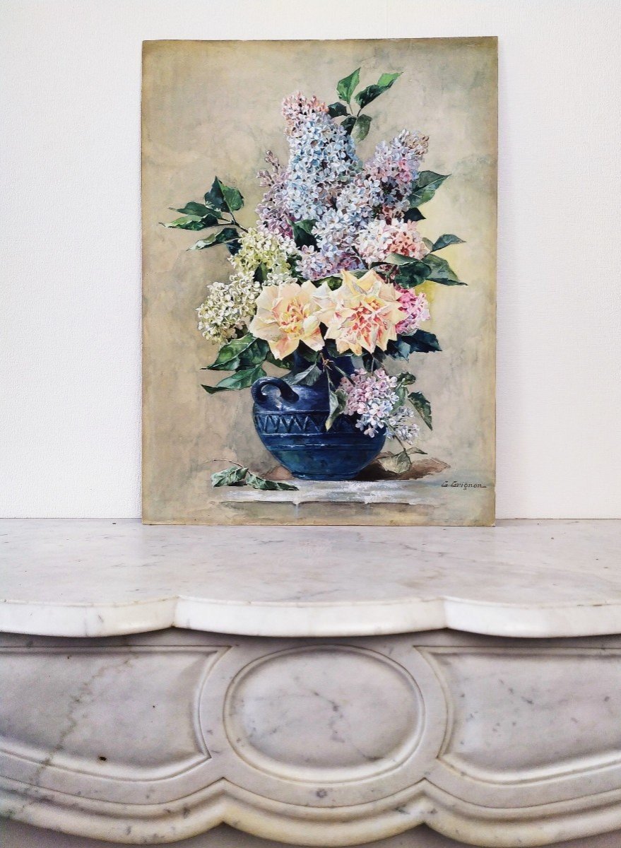 Lilacs Flowers Gouache Still Life 19th C-photo-2