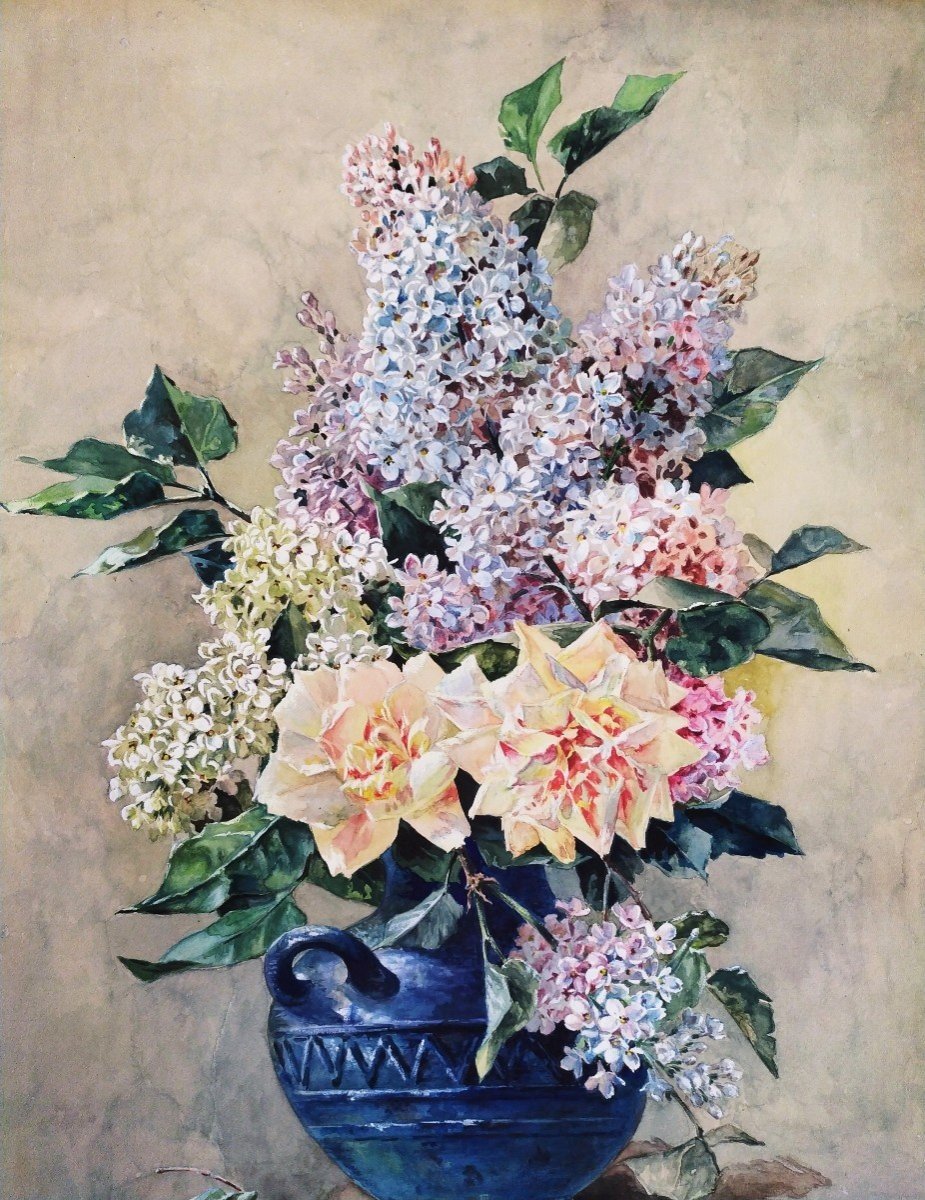 Lilacs Flowers Gouache Still Life 19th C-photo-1