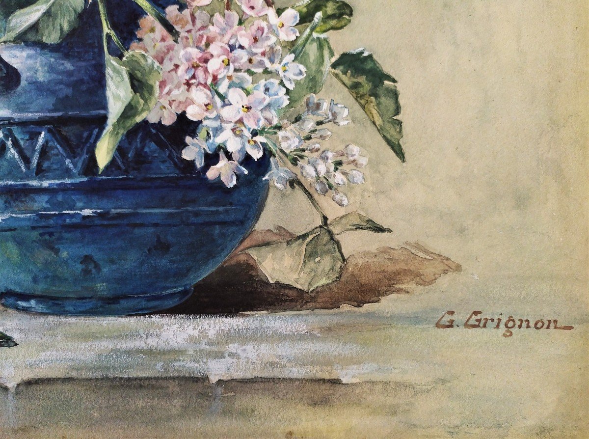 Lilacs Flowers Gouache Still Life 19th C-photo-2