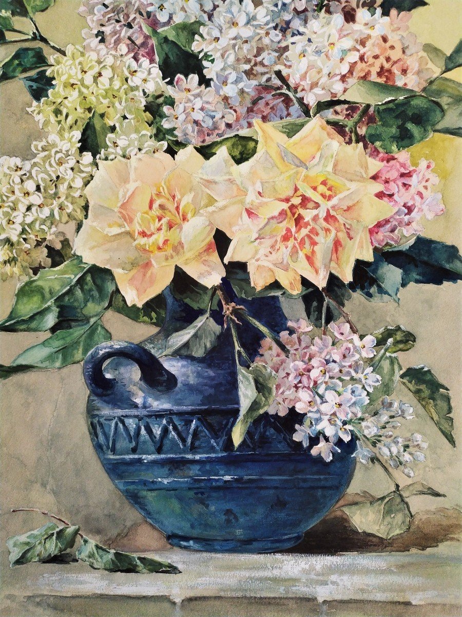 Lilacs Flowers Gouache Still Life 19th C-photo-3