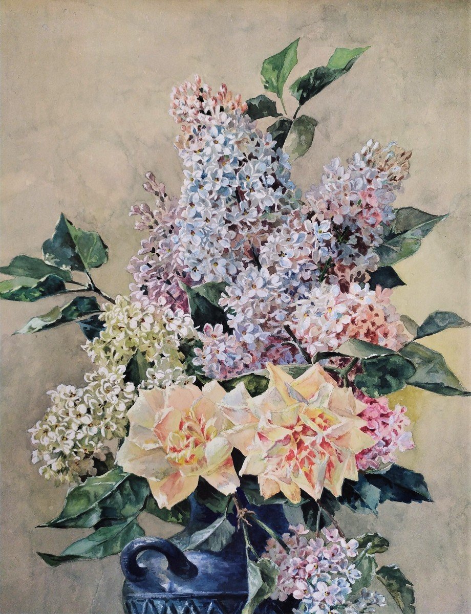 Lilacs Flowers Gouache Still Life 19th C-photo-4