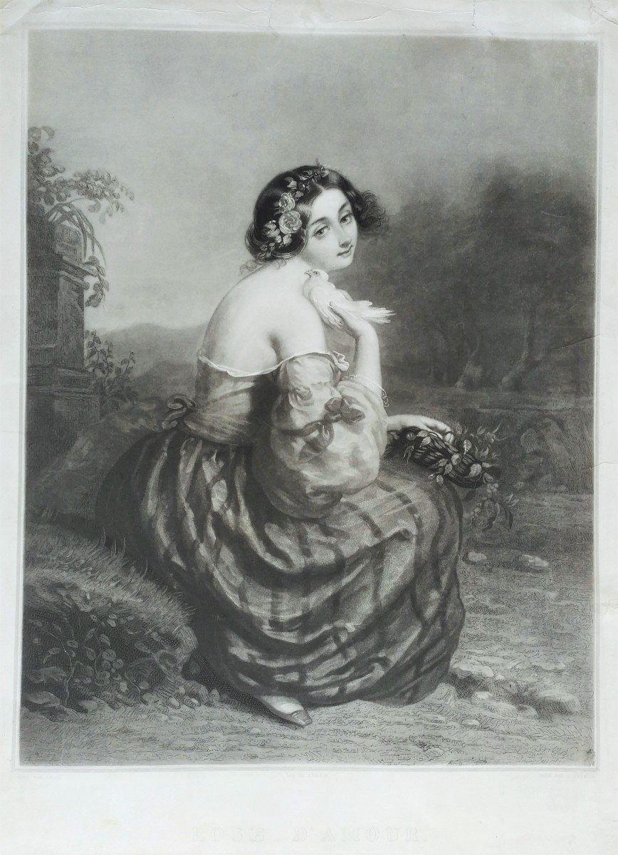 19th Century Romantic Portrait Of A Lady Etching Engraving -photo-2