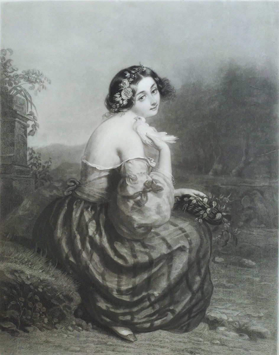 19th Century Romantic Portrait Of A Lady Etching Engraving -photo-3