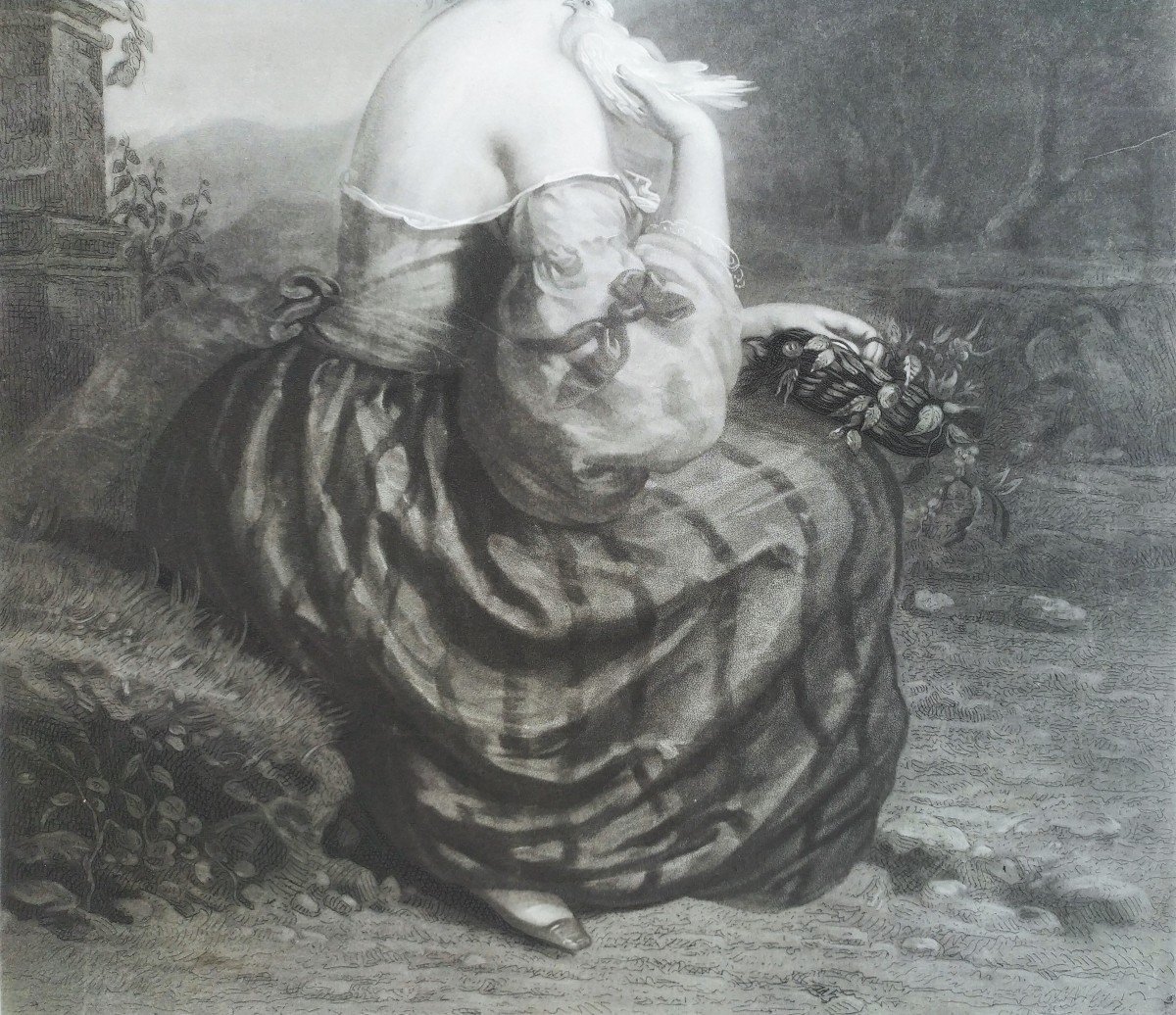 19th Century Romantic Portrait Of A Lady Etching Engraving -photo-4