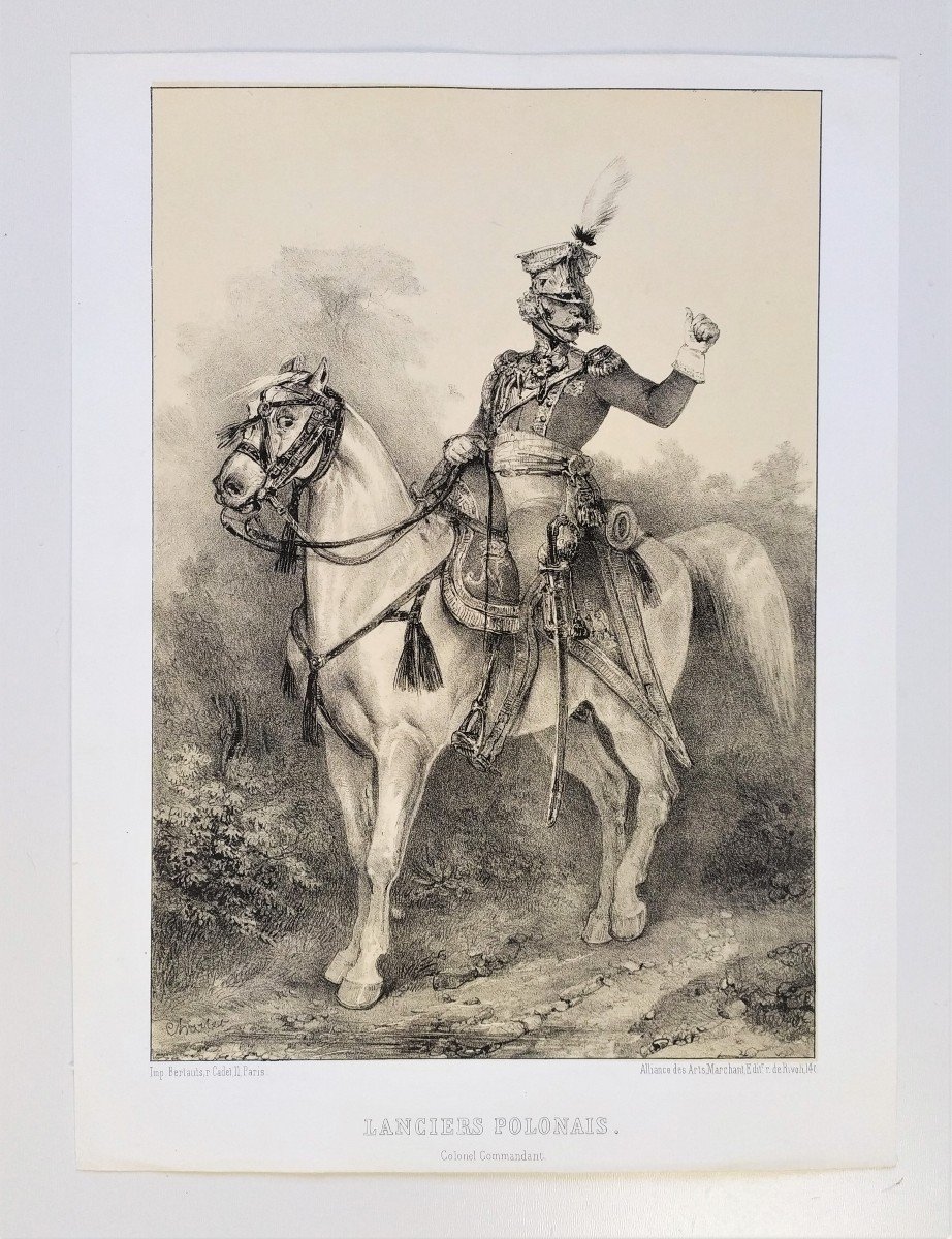 Horse Rider Polish Lancers Militaria Lithograph By Charlet 19th C-photo-2