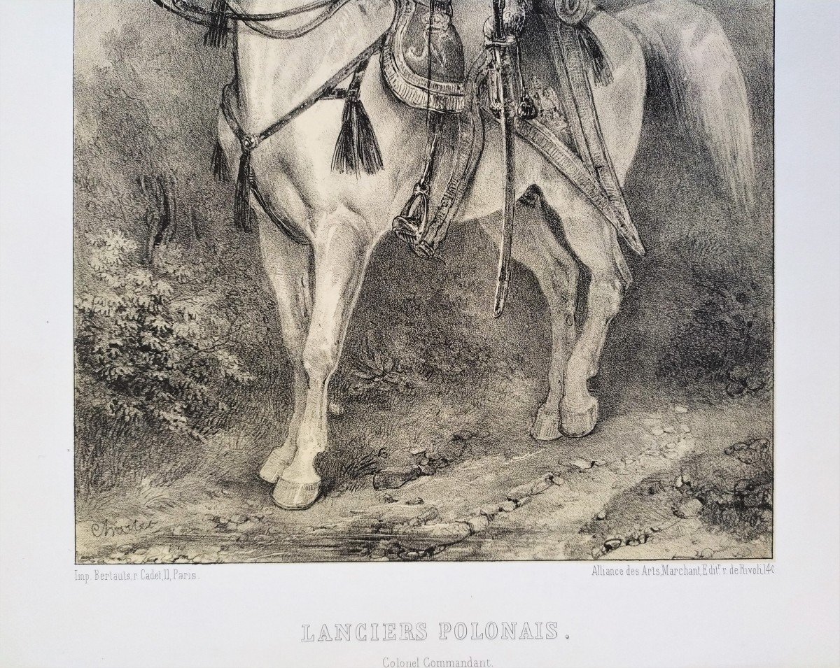 Horse Rider Polish Lancers Militaria Lithograph By Charlet 19th C-photo-1