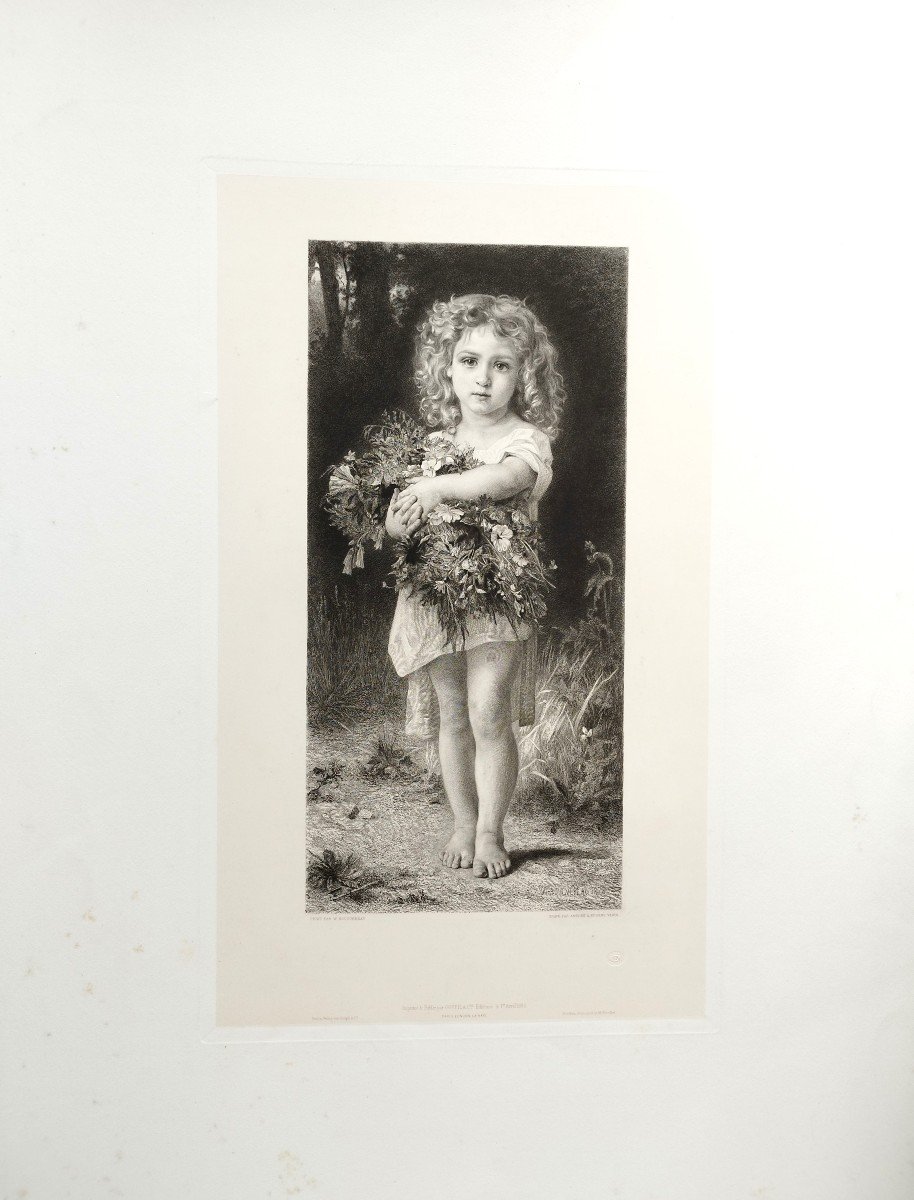 La Fillette Avec Bouquet De Fleurs Gravure d'Après Peintre Francais William Bouguereau 19ème-photo-2