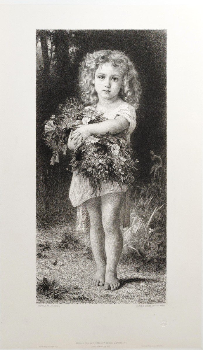 La Fillette Avec Bouquet De Fleurs Gravure d'Après Peintre Francais William Bouguereau 19ème-photo-3