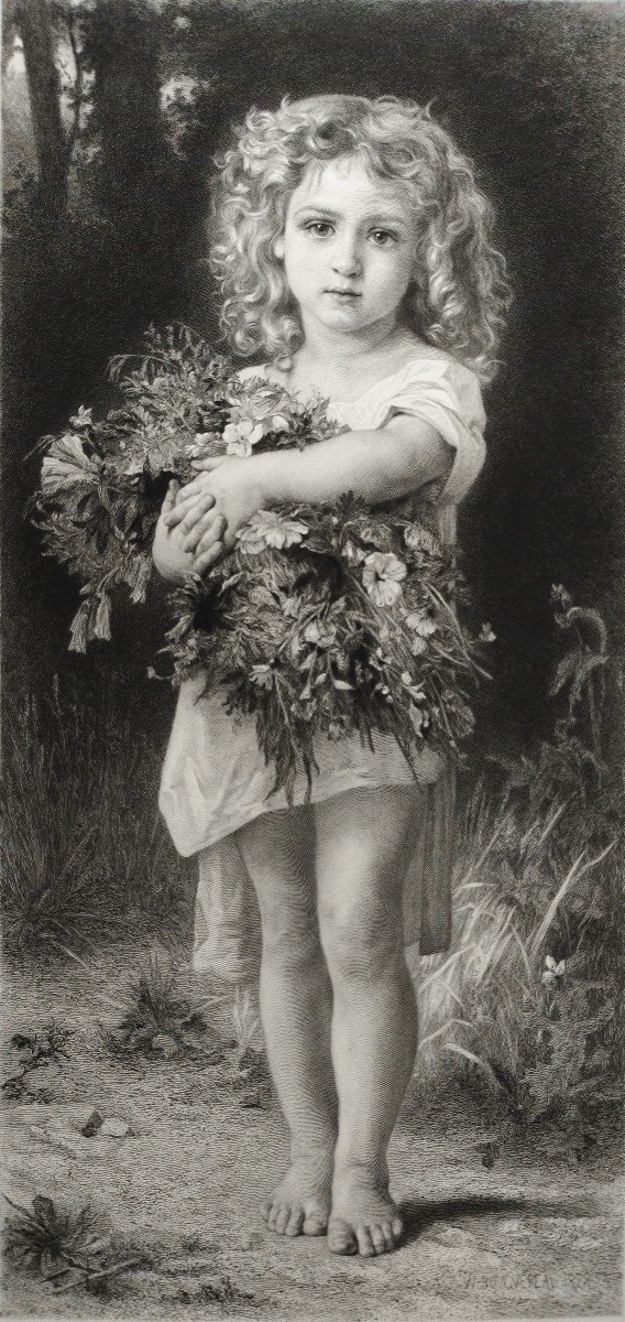 La Fillette Avec Bouquet De Fleurs Gravure d'Après Peintre Francais William Bouguereau 19ème-photo-2