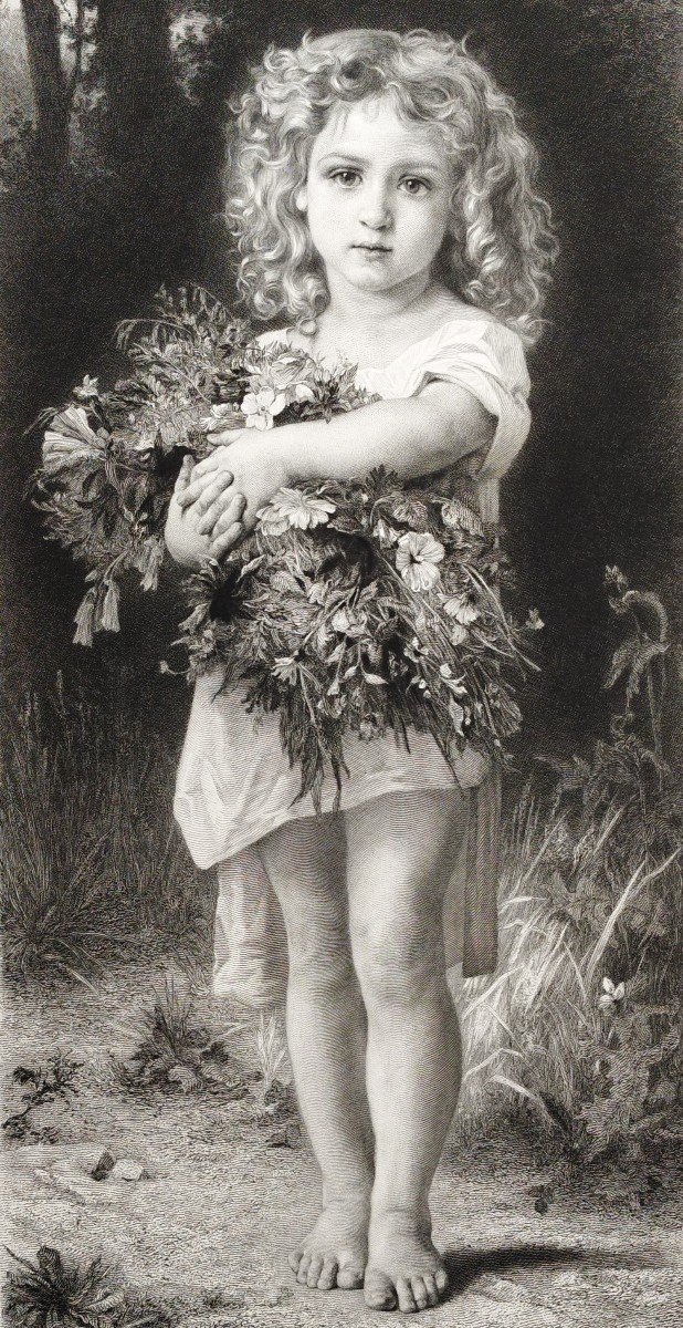 La Fillette Avec Bouquet De Fleurs Gravure d'Après Peintre Francais William Bouguereau 19ème-photo-3