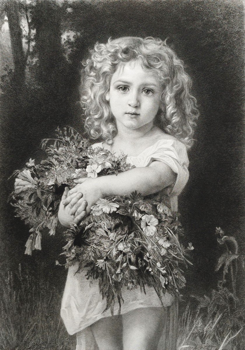 La Fillette Avec Bouquet De Fleurs Gravure d'Après Peintre Francais William Bouguereau 19ème-photo-4