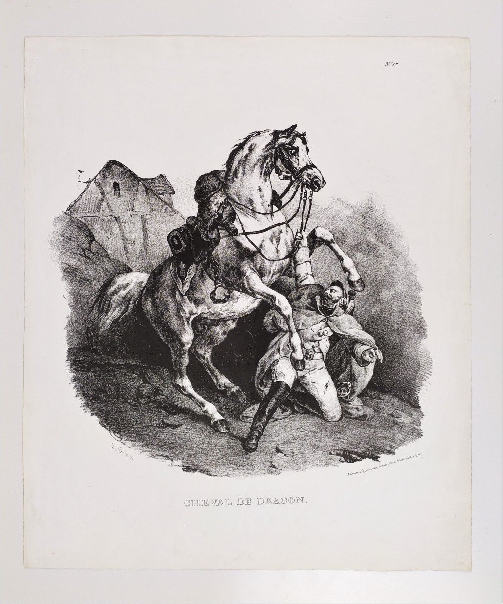 Victor Adam Rearing Horse Lithograph By Godefroy Engelmann 19th C Old Print-photo-2