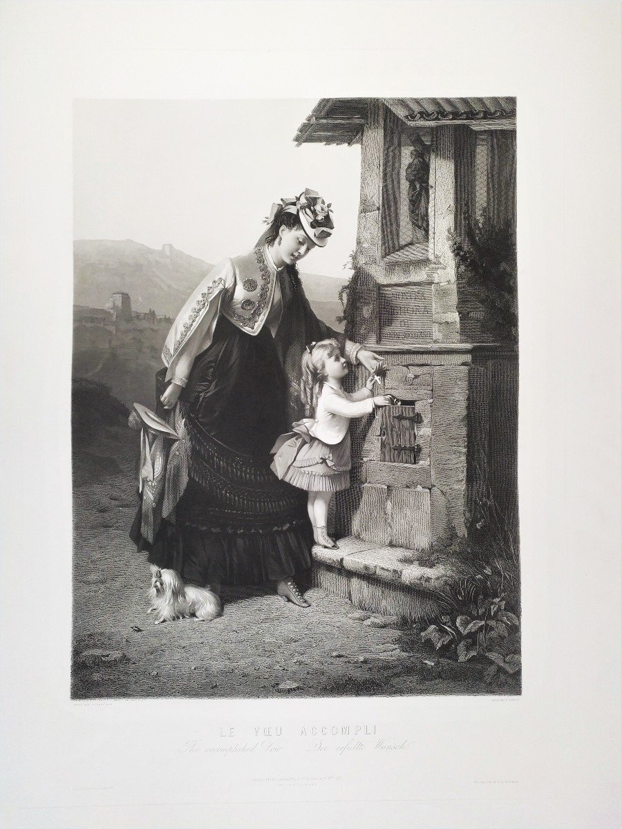 Large Engraving Genre Scene Mother And Daughter After Brochart Etching 19th Century Old Print-photo-2