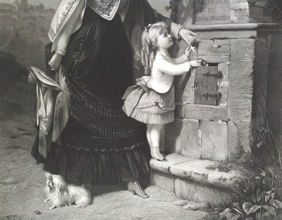 Large Engraving Genre Scene Mother And Daughter After Brochart Etching 19th Century Old Print-photo-3