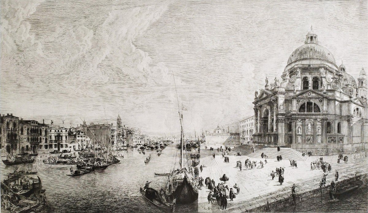 Venice View Of The Della Salute Church Engraving Etching 19th Century Old Print-photo-1