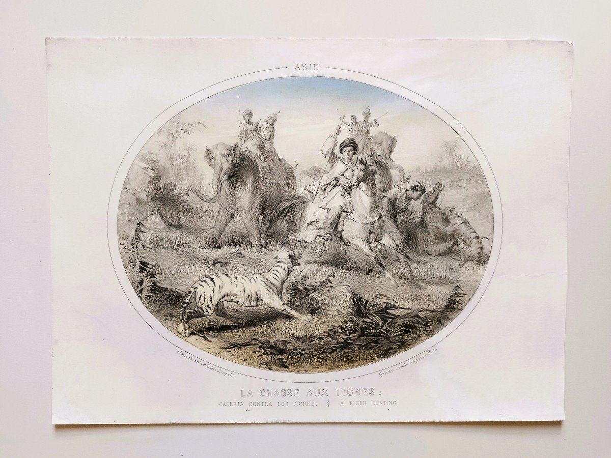 Hunting Horses Dogs Four Continents Set Of 4 Lithographs Colored 19th C Old Print-photo-2