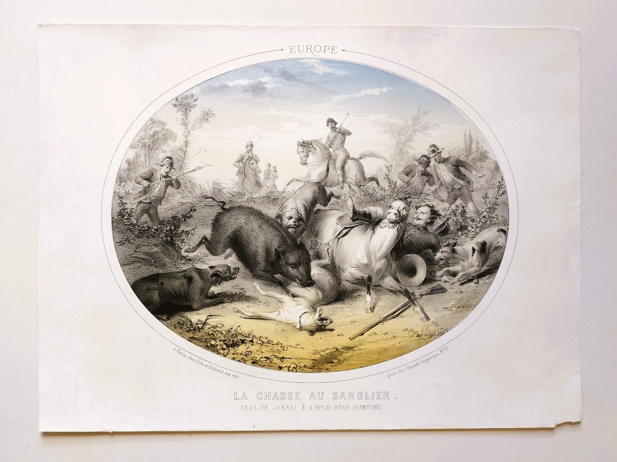 Hunting Horses Dogs Four Continents Set Of 4 Lithographs Colored 19th C Old Print-photo-2