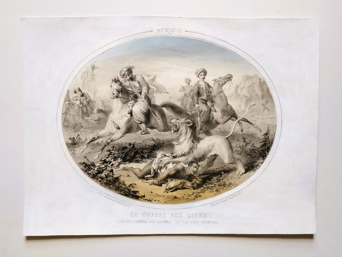 Hunting Horses Dogs Four Continents Set Of 4 Lithographs Colored 19th C Old Print-photo-5