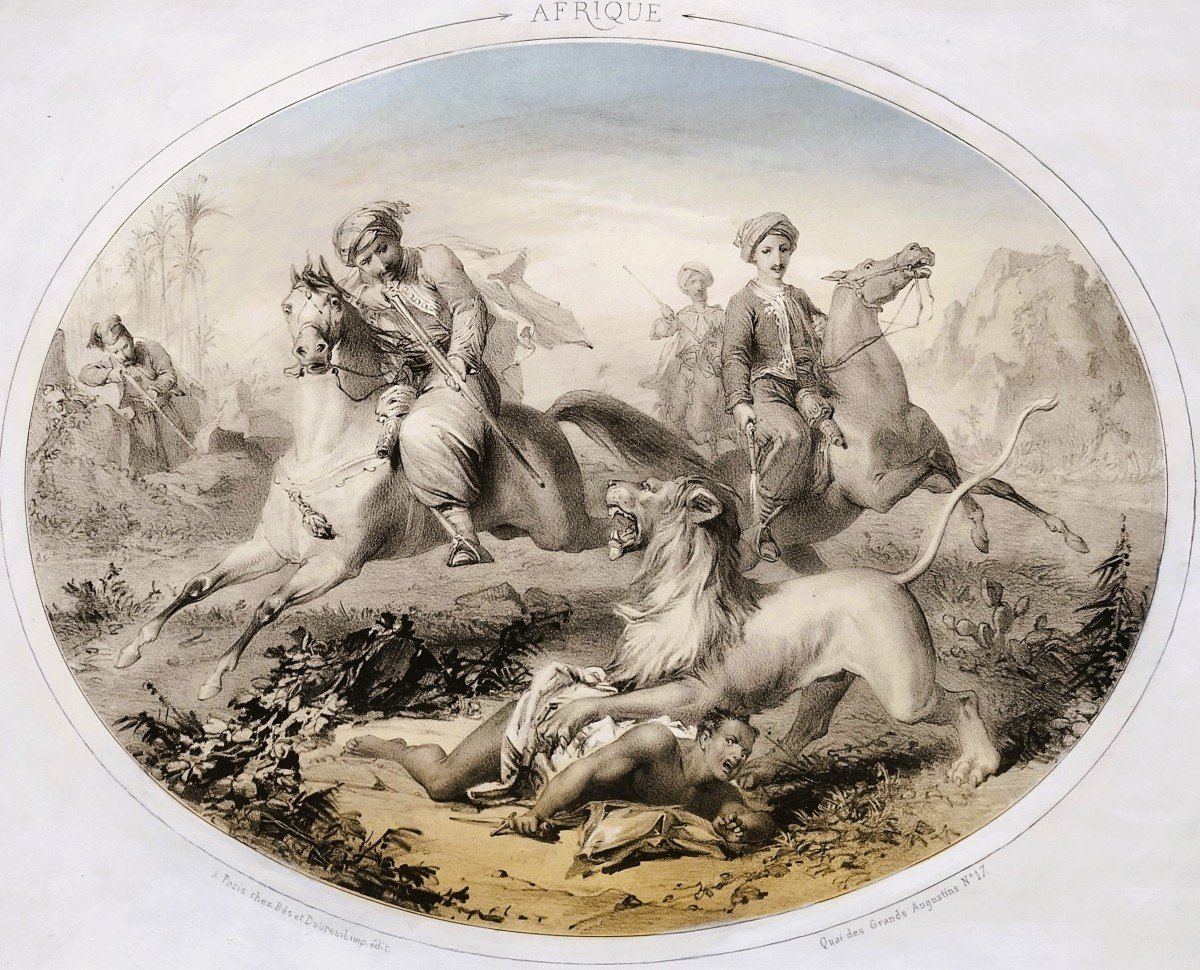 Hunting Horses Dogs Four Continents Set Of 4 Lithographs Colored 19th C Old Print-photo-7