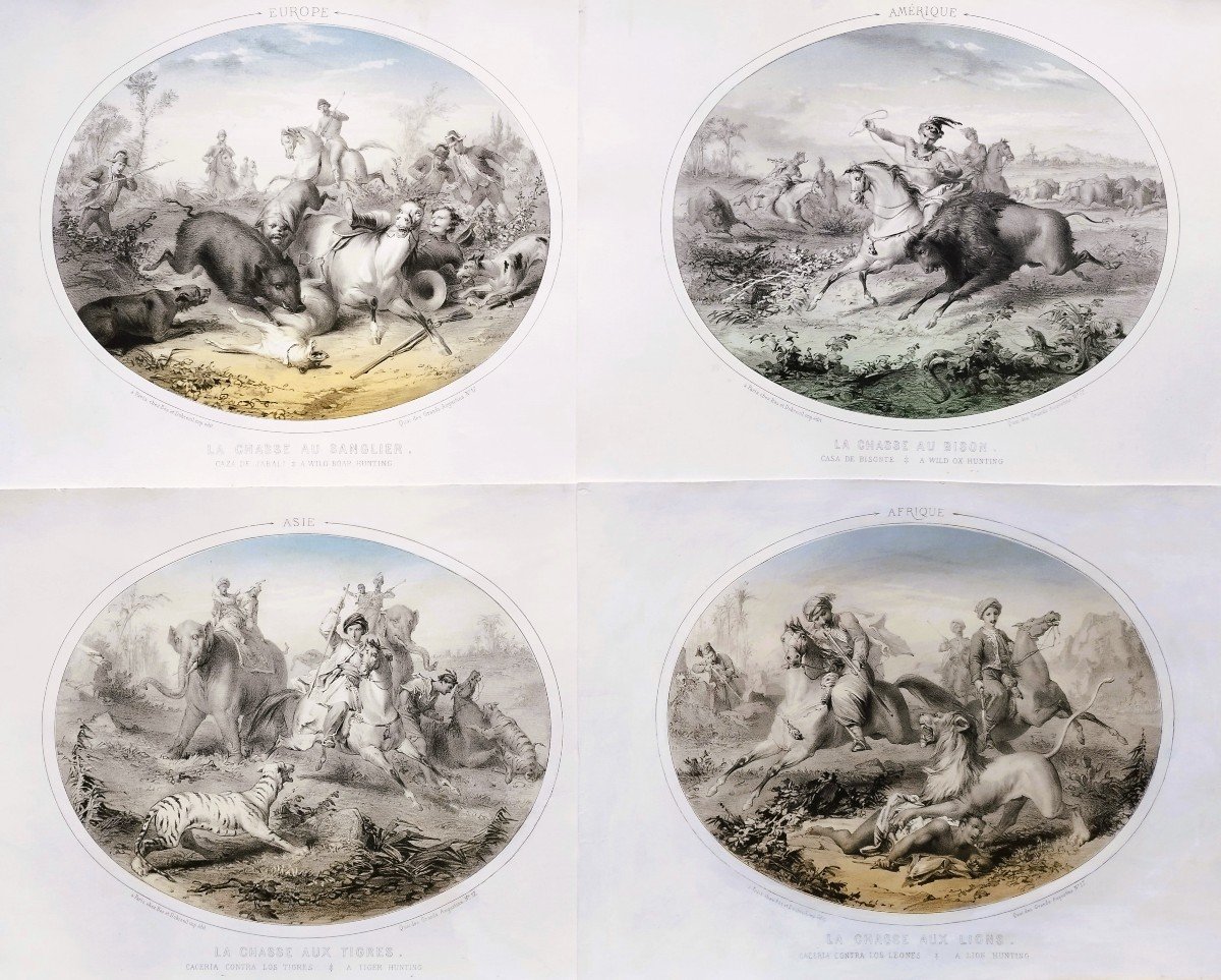 Hunting Horses Dogs Four Continents Set Of 4 Lithographs Colored 19th C Old Print