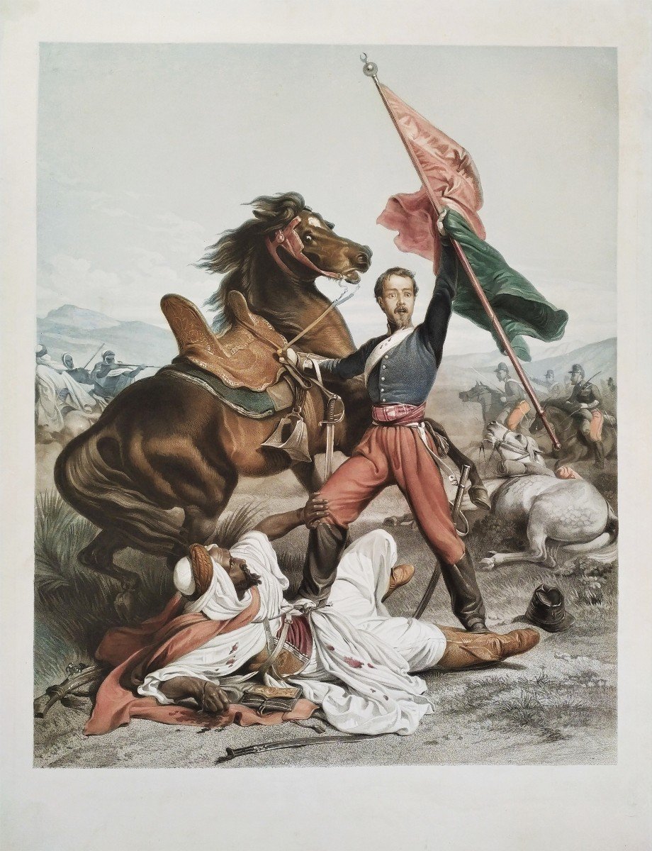 Bataille Militaria Cheval Le Drapeau  Gravure Aquarellée 19ème-photo-2