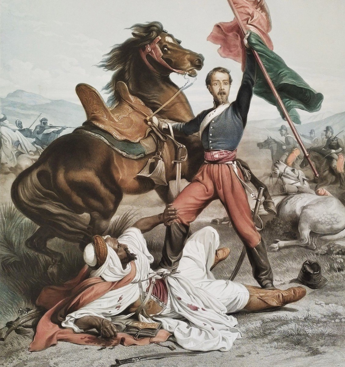 Bataille Militaria Cheval Le Drapeau  Gravure Aquarellée 19ème-photo-4