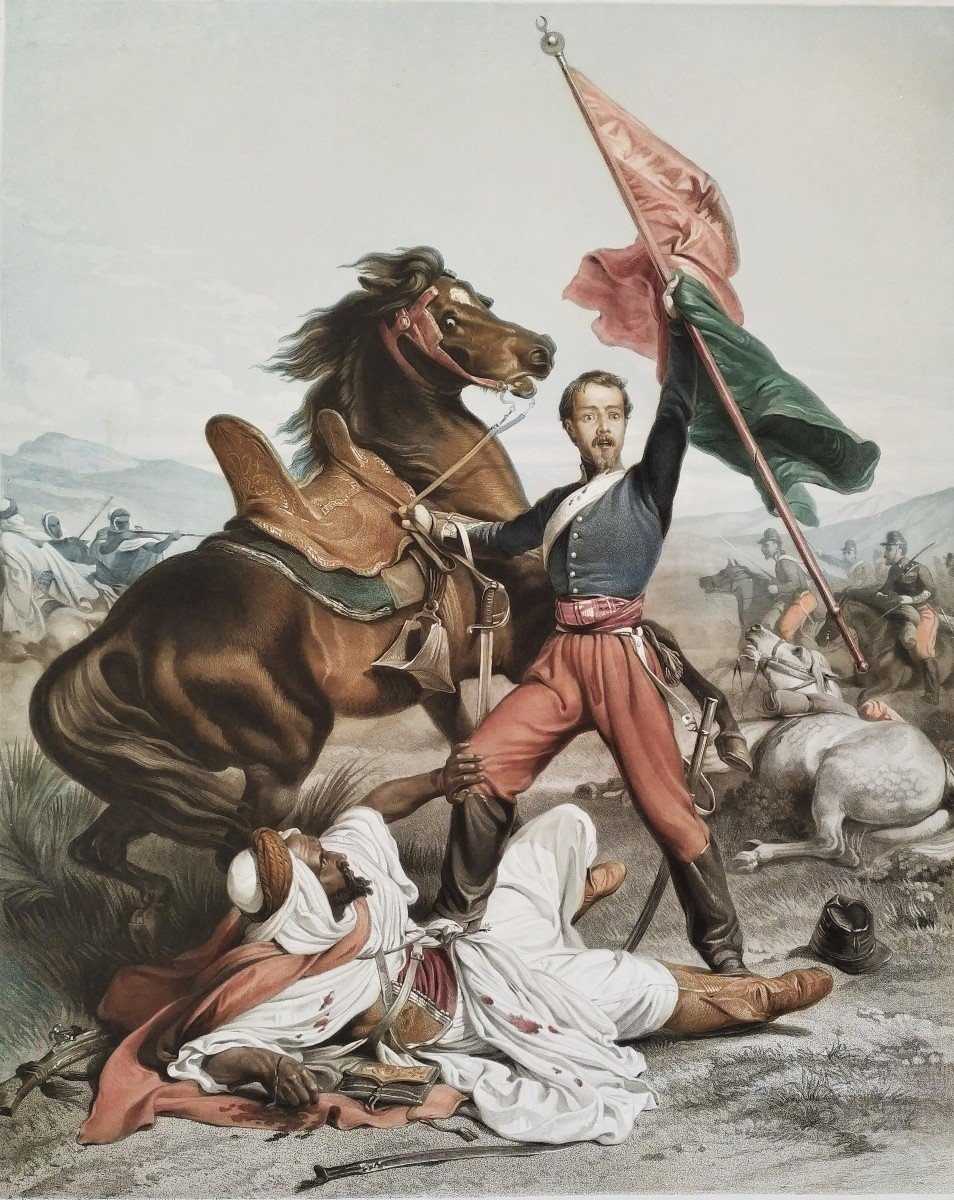 Bataille Militaria Cheval Le Drapeau  Gravure Aquarellée 19ème