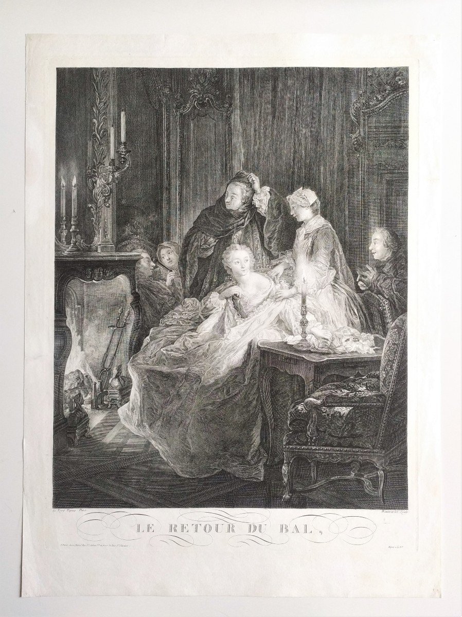 Etching Genre Scenecoming From The Ball By Beauvarlet 18th C Engraving Old Print-photo-2