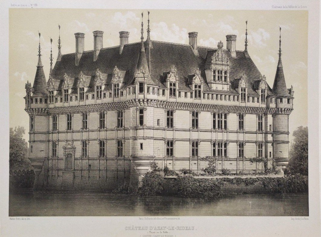 Azay Le Rideau Castle 19th Century Lithograph By Victor Petit  Old Print-photo-2