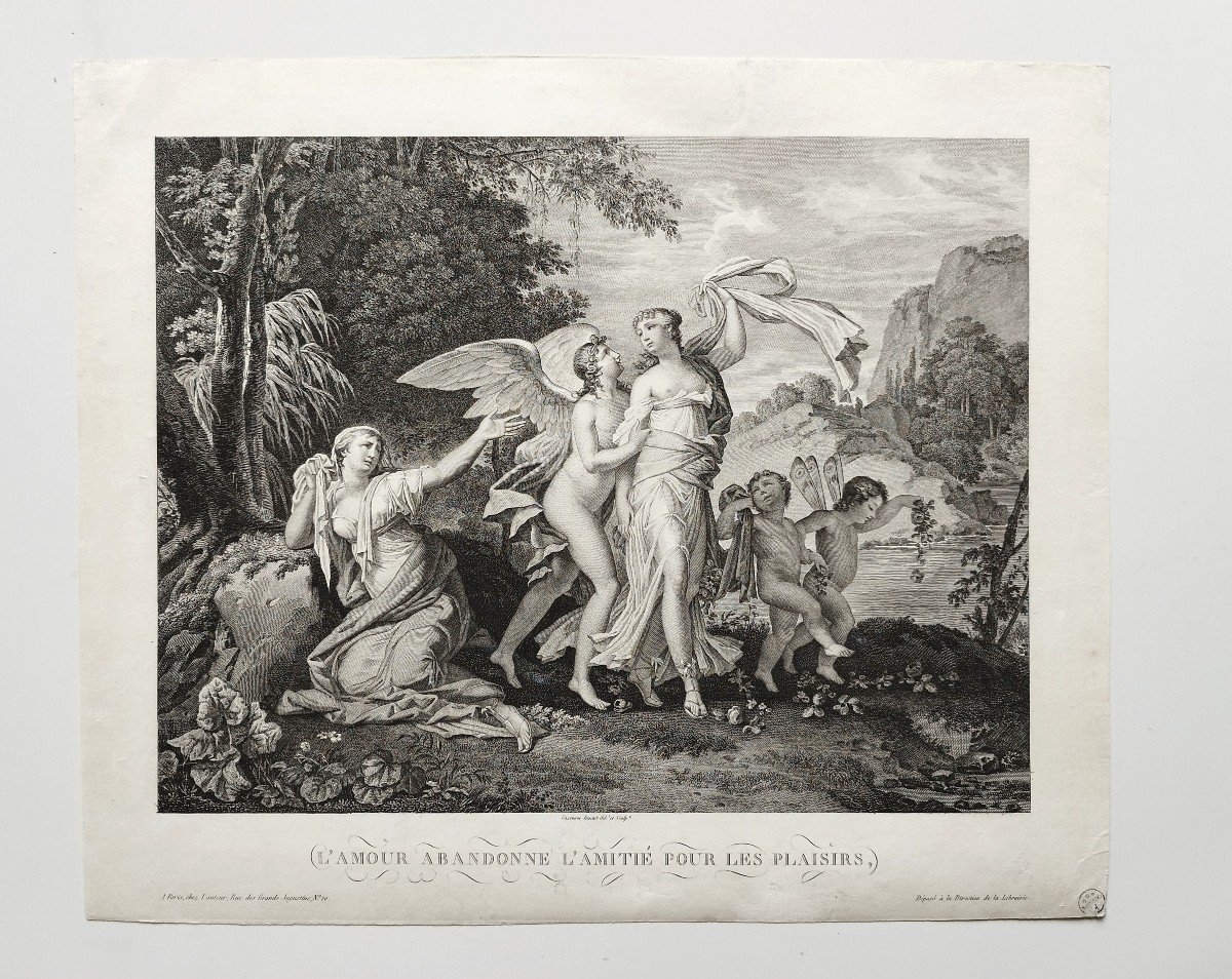 Gravure Allégorique l'Amour l'Amitié Par Cazenave 19ème Mythologie -photo-2