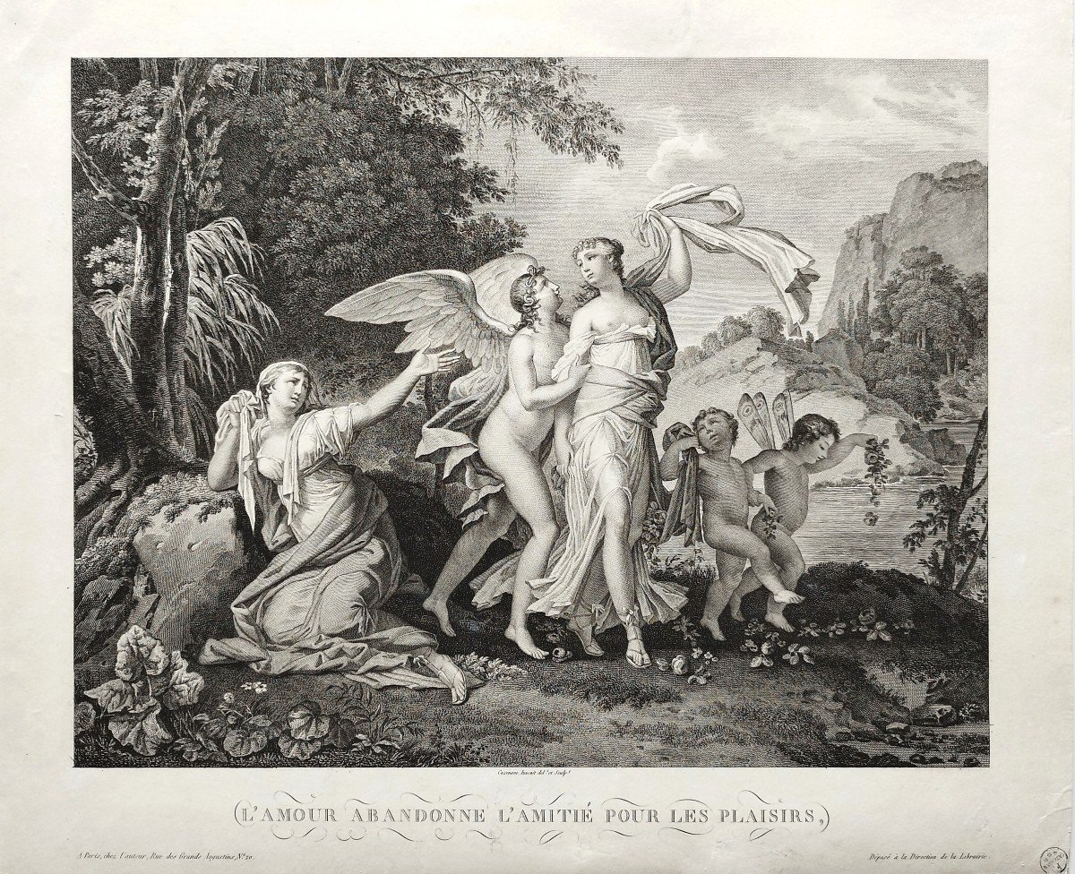 Gravure Allégorique l'Amour l'Amitié Par Cazenave 19ème Mythologie -photo-3