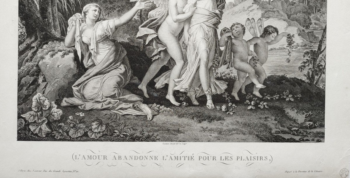 Gravure Allégorique l'Amour l'Amitié Par Cazenave 19ème Mythologie -photo-1