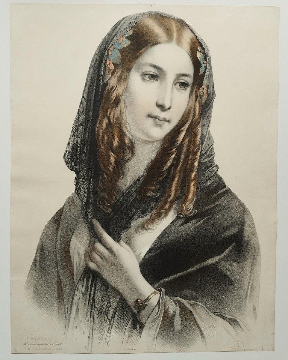 Portrait Of A Spanish Lady Lithograph By Lassalle, 19th Century Old Print-photo-2