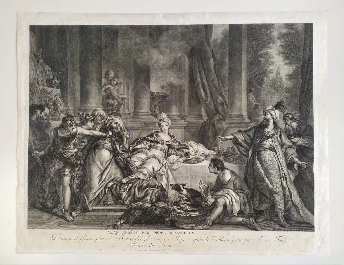 Engraving By Beauvarlet Aman Arrested By Order Of Ahasuerus 18th C Etching Old Print-photo-2