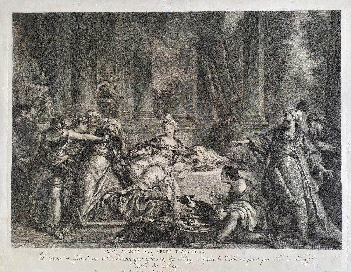 Engraving By Beauvarlet Aman Arrested By Order Of Ahasuerus 18th C Etching Old Print-photo-3