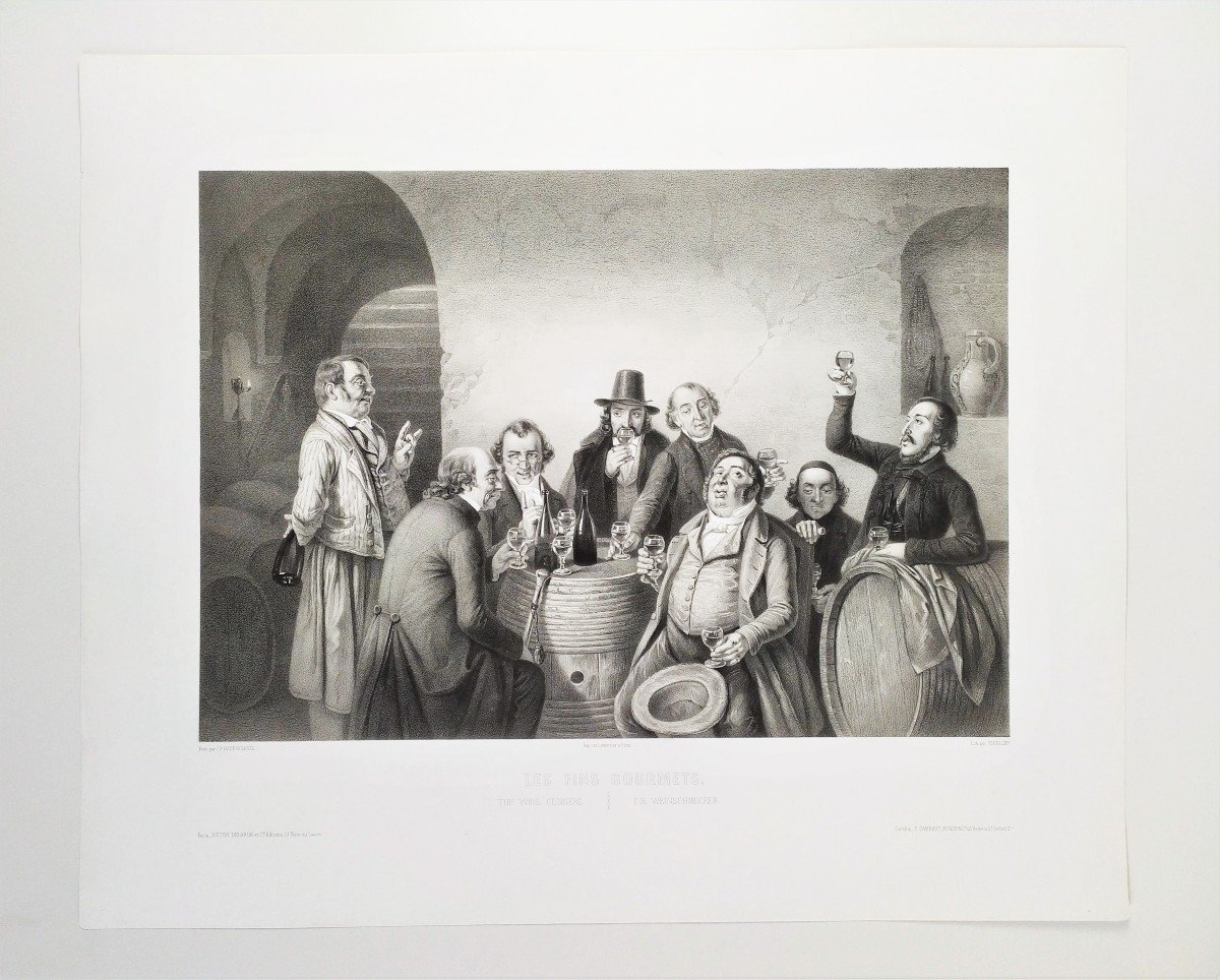 The Fine Gourmets After J. Hasenclever Lithograph 19th C Viticulture Old Print-photo-2