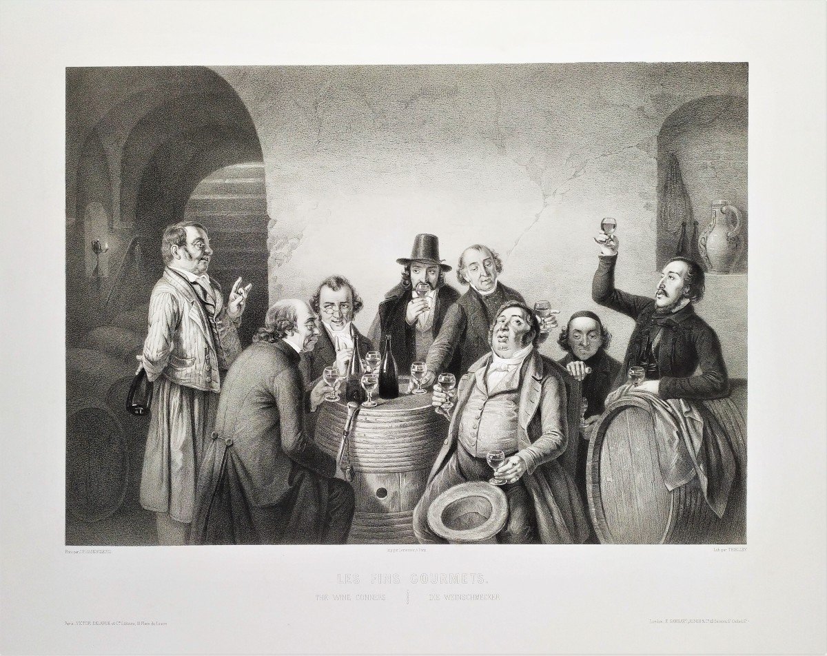 The Fine Gourmets After J. Hasenclever Lithograph 19th C Viticulture Old Print-photo-3