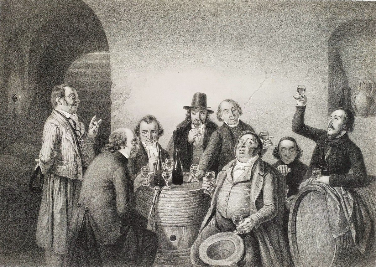 The Fine Gourmets After J. Hasenclever Lithograph 19th C Viticulture Old Print-photo-4