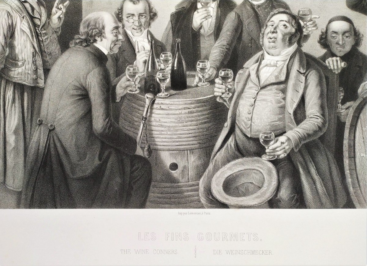 The Fine Gourmets After J. Hasenclever Lithograph 19th C Viticulture Old Print-photo-1