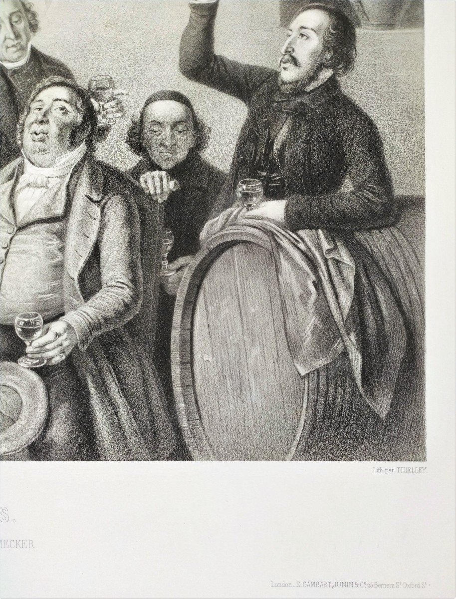 The Fine Gourmets After J. Hasenclever Lithograph 19th C Viticulture Old Print-photo-3