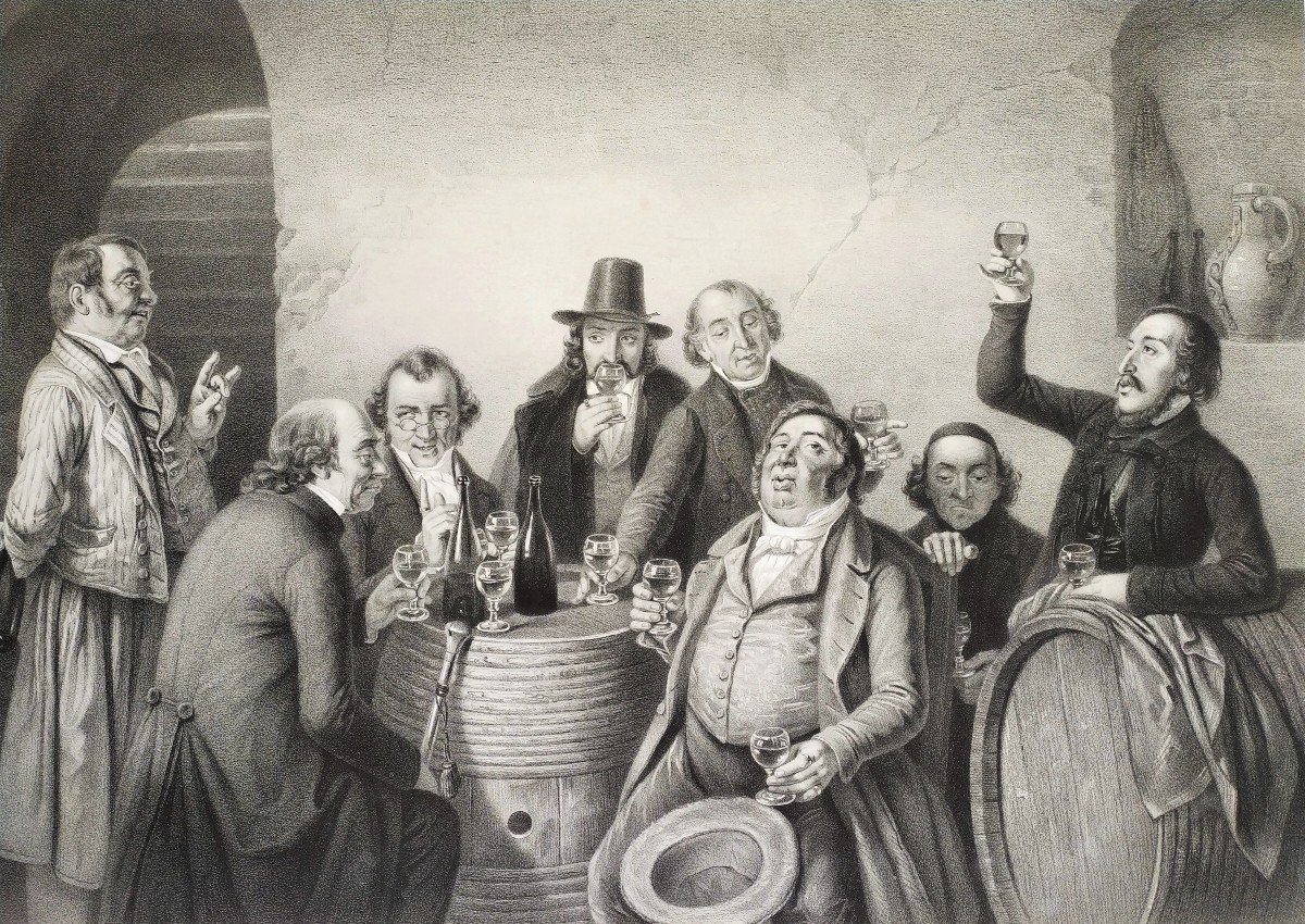 The Fine Gourmets After J. Hasenclever Lithograph 19th C Viticulture Old Print-photo-4