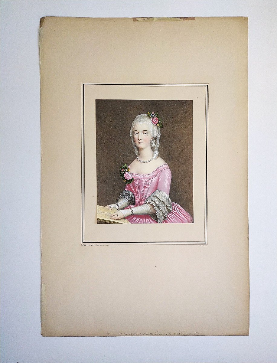 Watercolor Lithograph Portrait Of A Woman In The Marie Antoinette Style 19th Century Old Print-photo-2