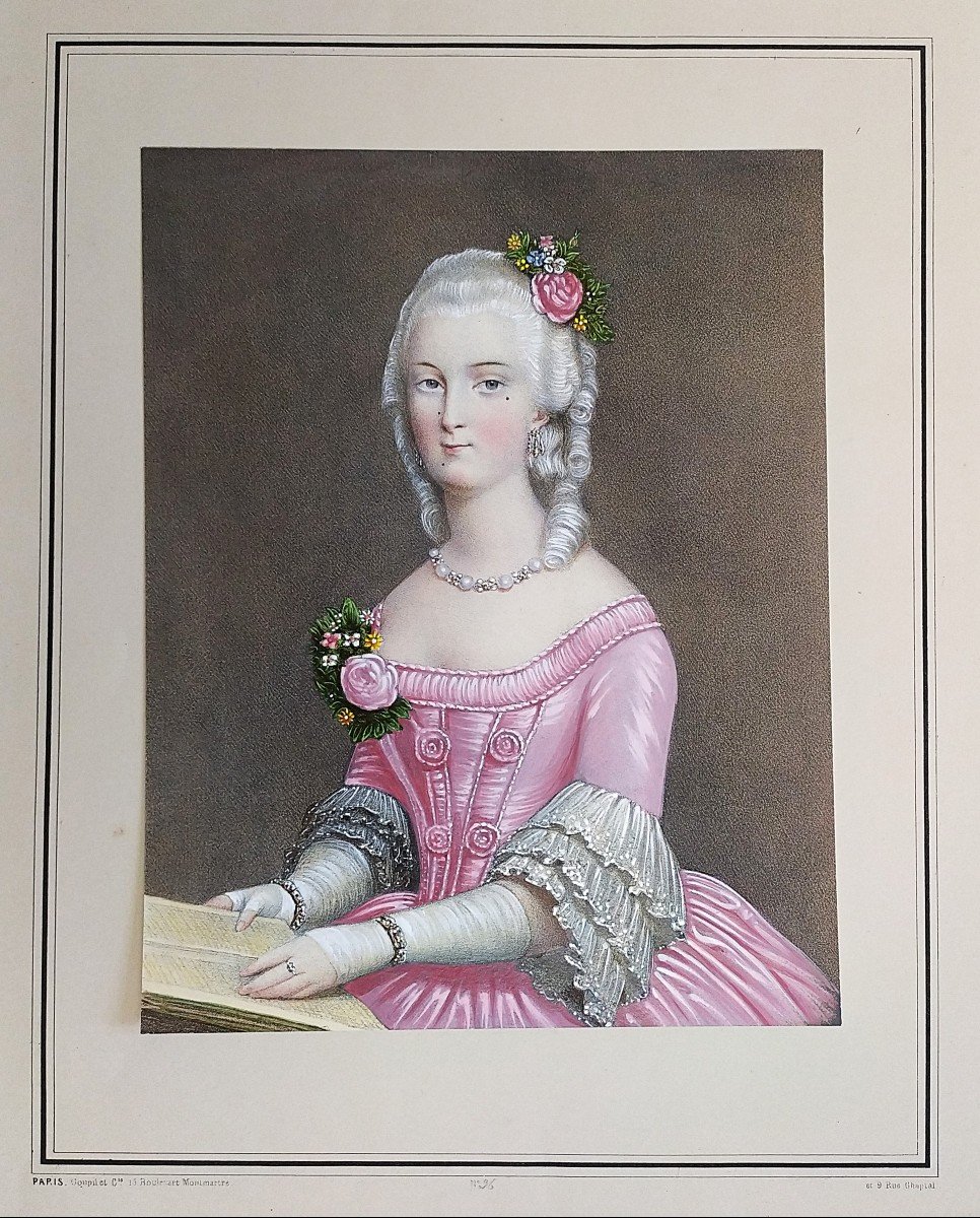 Watercolor Lithograph Portrait Of A Woman In The Marie Antoinette Style 19th Century Old Print-photo-1