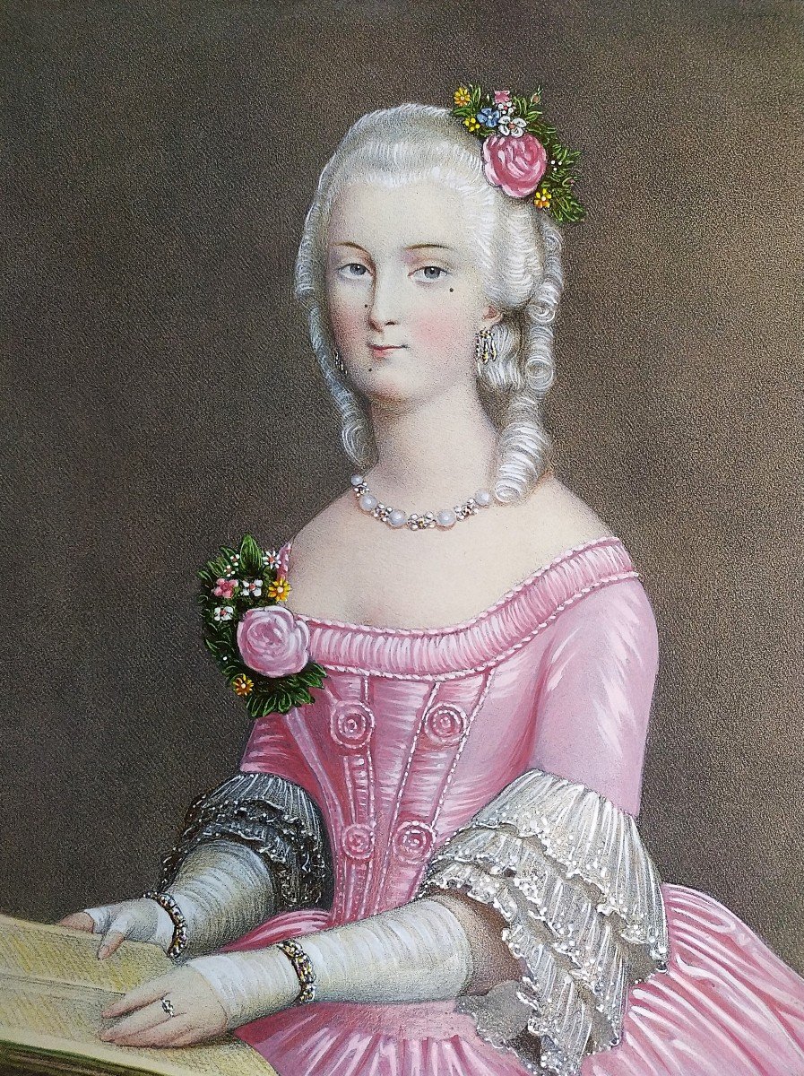 Watercolor Lithograph Portrait Of A Woman In The Marie Antoinette Style 19th Century Old Print-photo-2