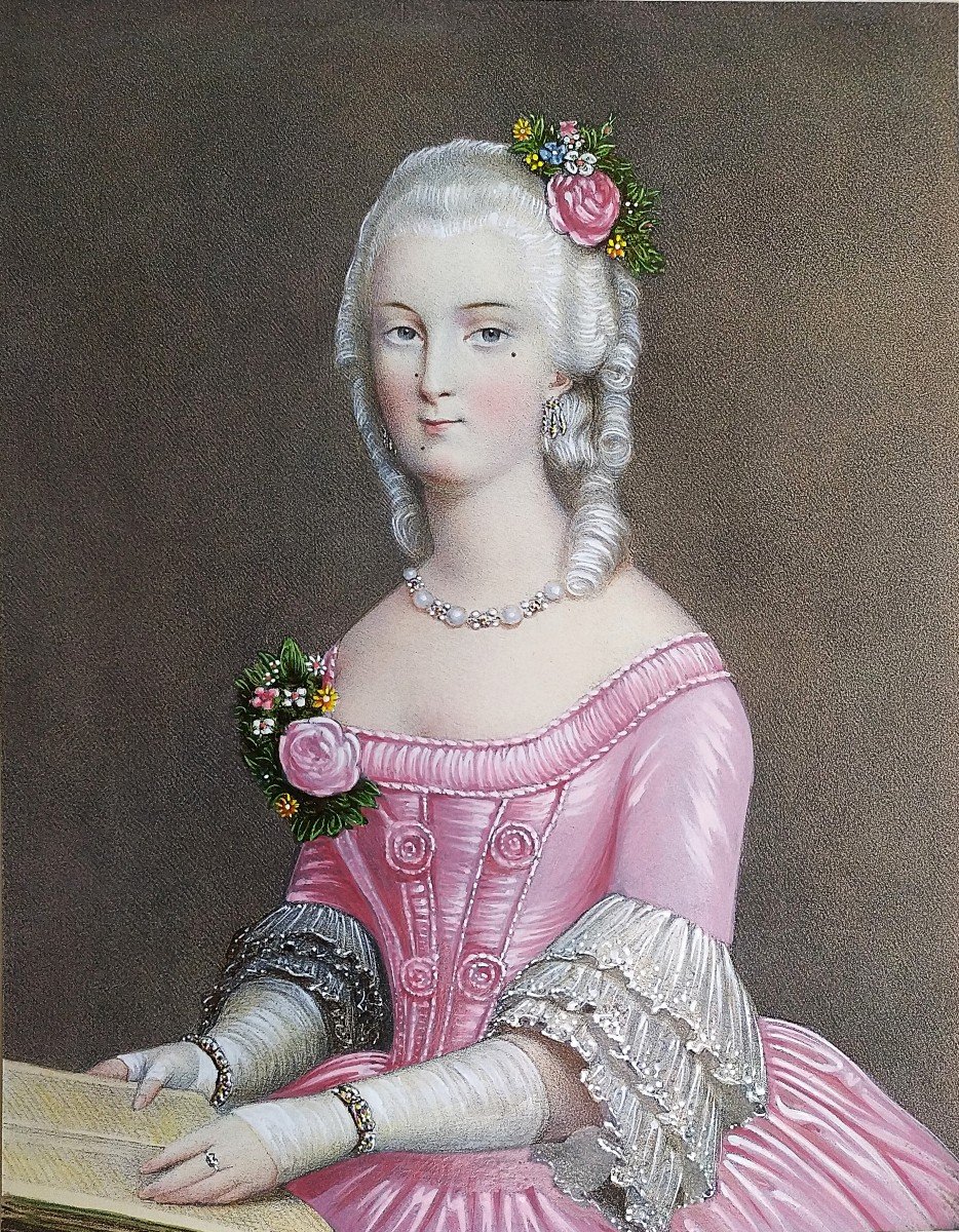 Watercolor Lithograph Portrait Of A Woman In The Marie Antoinette Style 19th Century Old Print