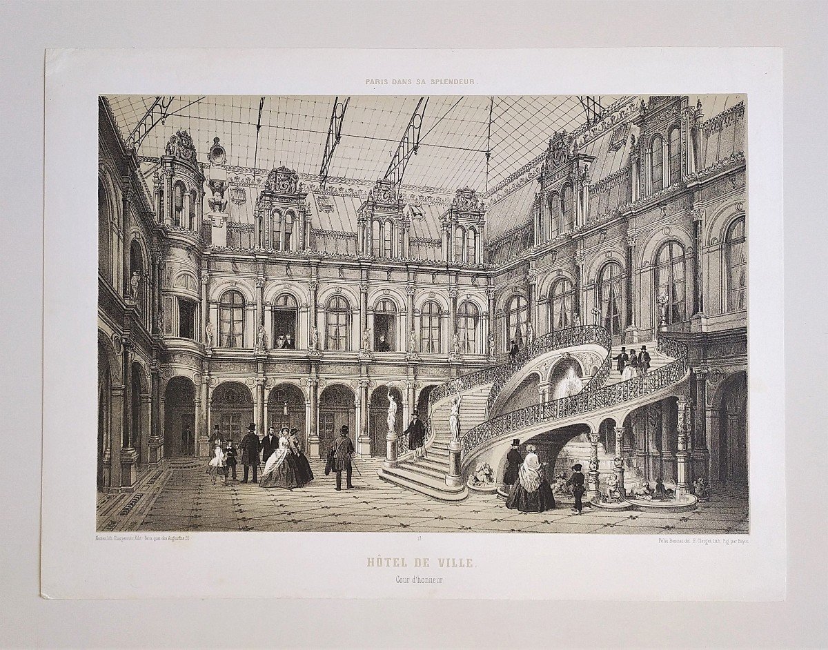 Paris City Hall Lithograph 19th Century Old Print-photo-2