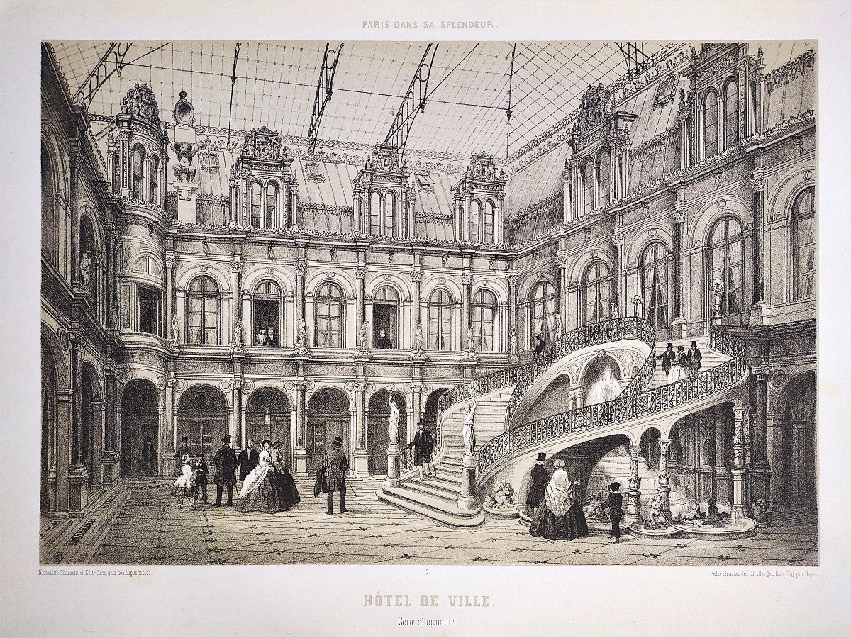 Paris City Hall Lithograph 19th Century Old Print-photo-3